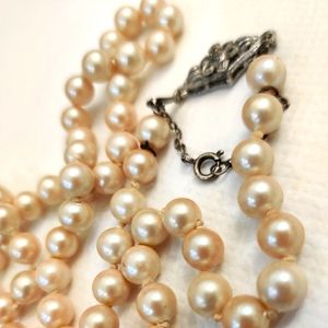 Vintage Knotted Pearls Necklace Sterling Silver Clasp